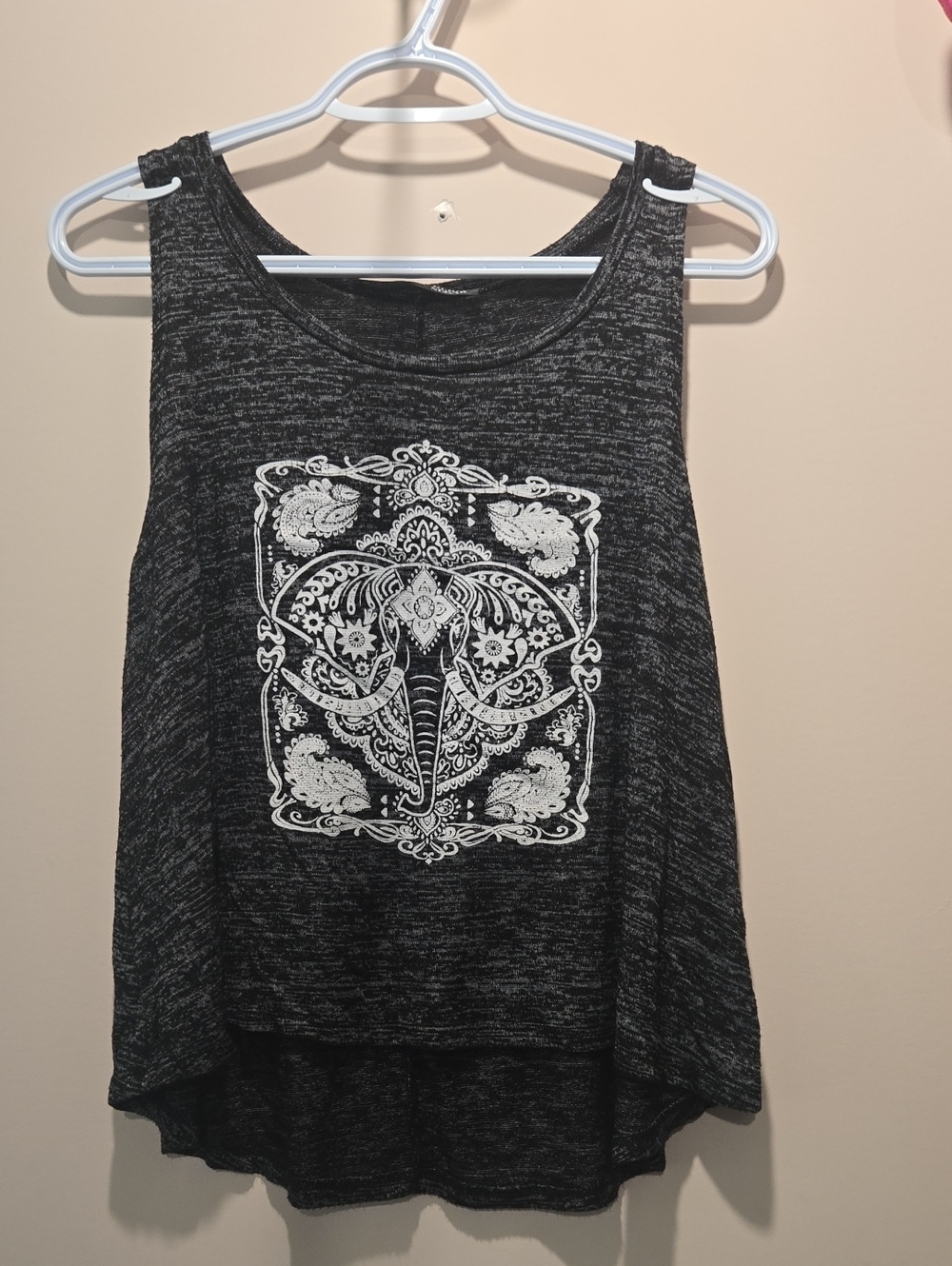 Rebel Sugar Black Tank Top with White Elephant Motif